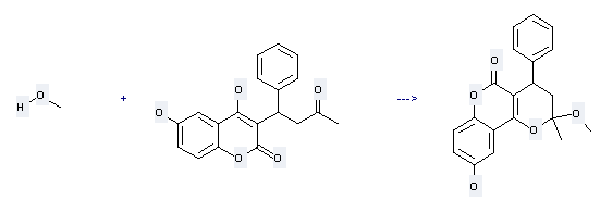 The 2H-1-Benzopyran-2-one,4,6-dihydroxy-3-(3-oxo-1-phenylbutyl)- could react with Methanol to obtain the 6-Hydroxycyclocoumarol